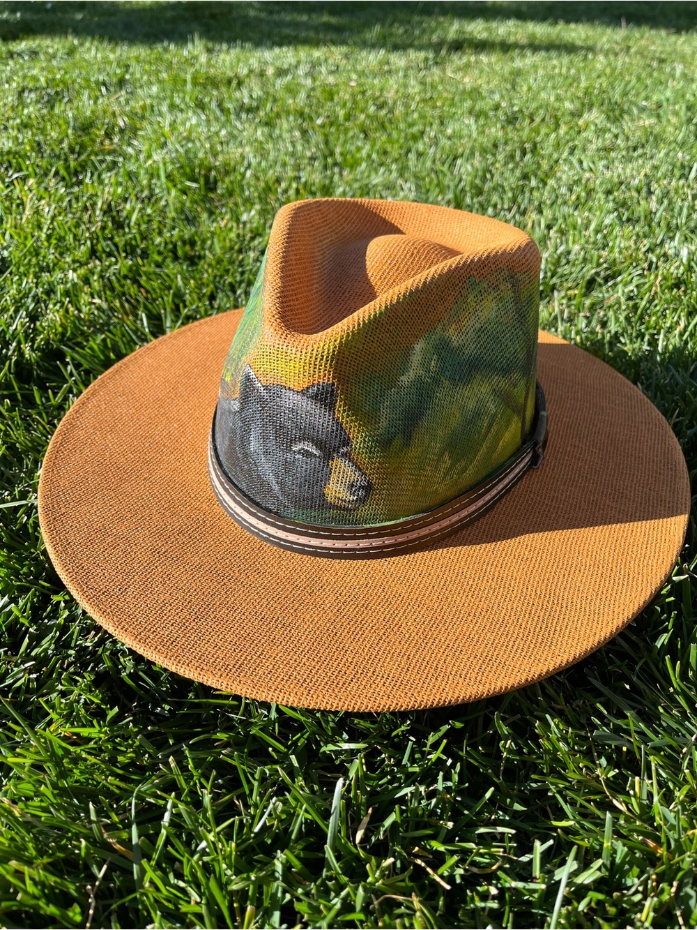 Unisex Hand painted Orange Wide-Brim Fedora Hat with Painted Bear Design 🐻
